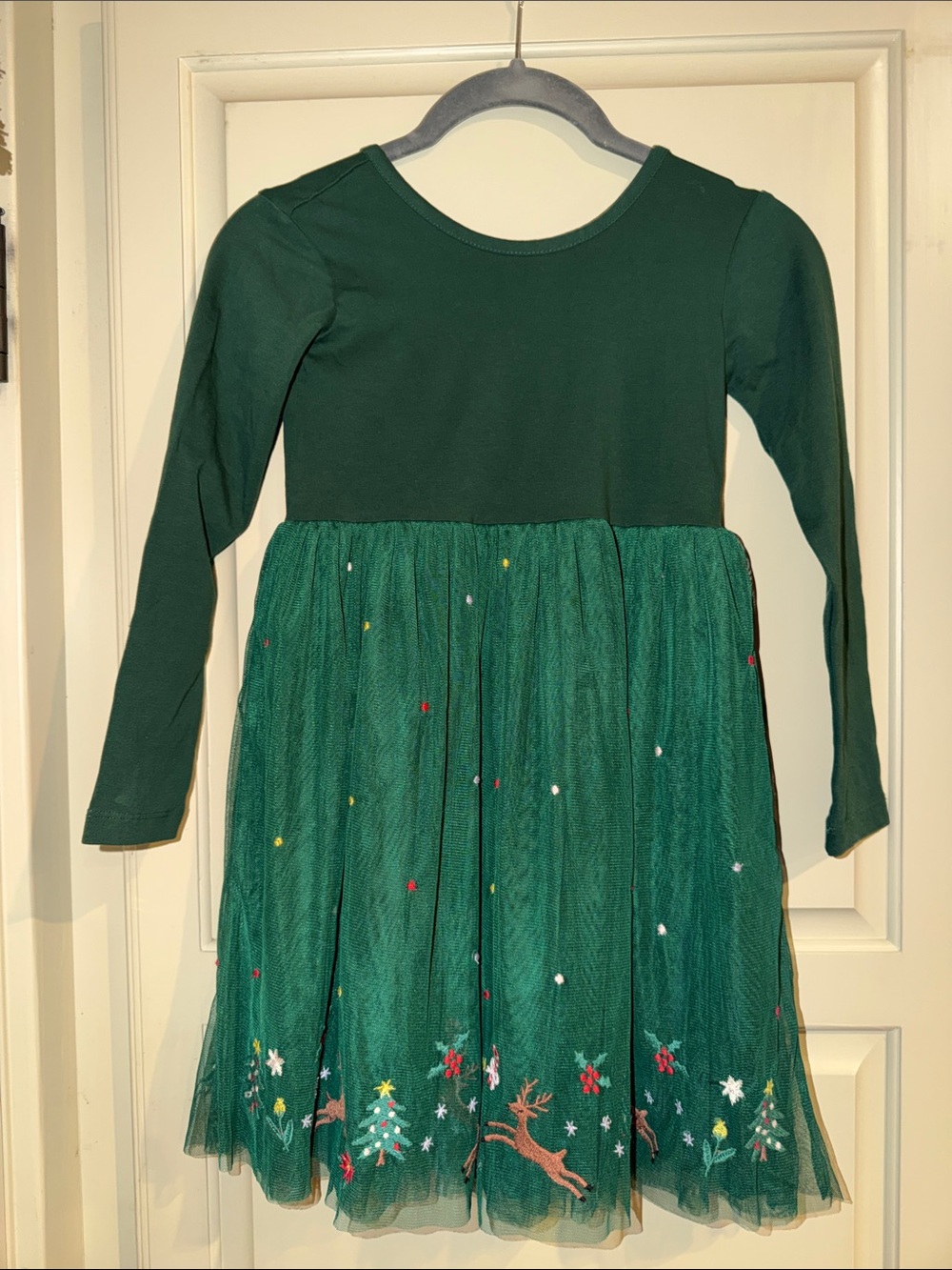 Hanna Andersson Girls Green Holiday Tulle Dress with Embroidered Reindeer